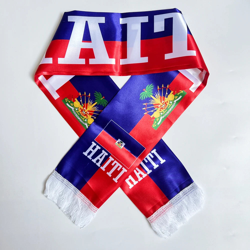 2026 Haiti  NorwayCountries Flag Scarf14x135cm Double-sided Printed Satin Haiti Flag Scarf Tassels Suitable for Football, Sports