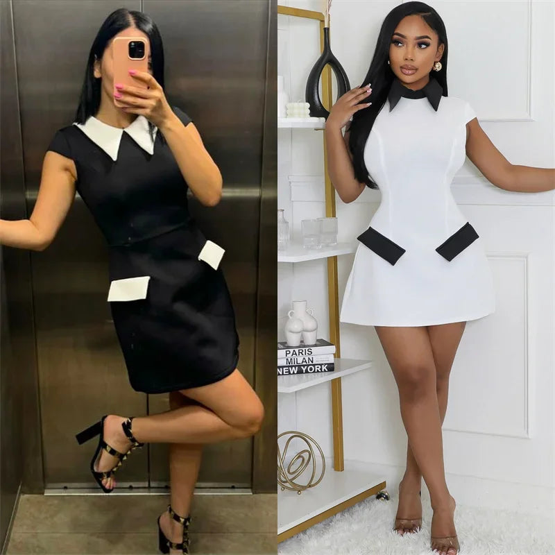 Elegantes A-Linien-Minikleid für Damen mit Peter-Pan-Kragen, kurzen Ärmeln, Taschen, Patchwork, Etui-Passform, hoher Taille, für Party und Club, kurze Kleider
