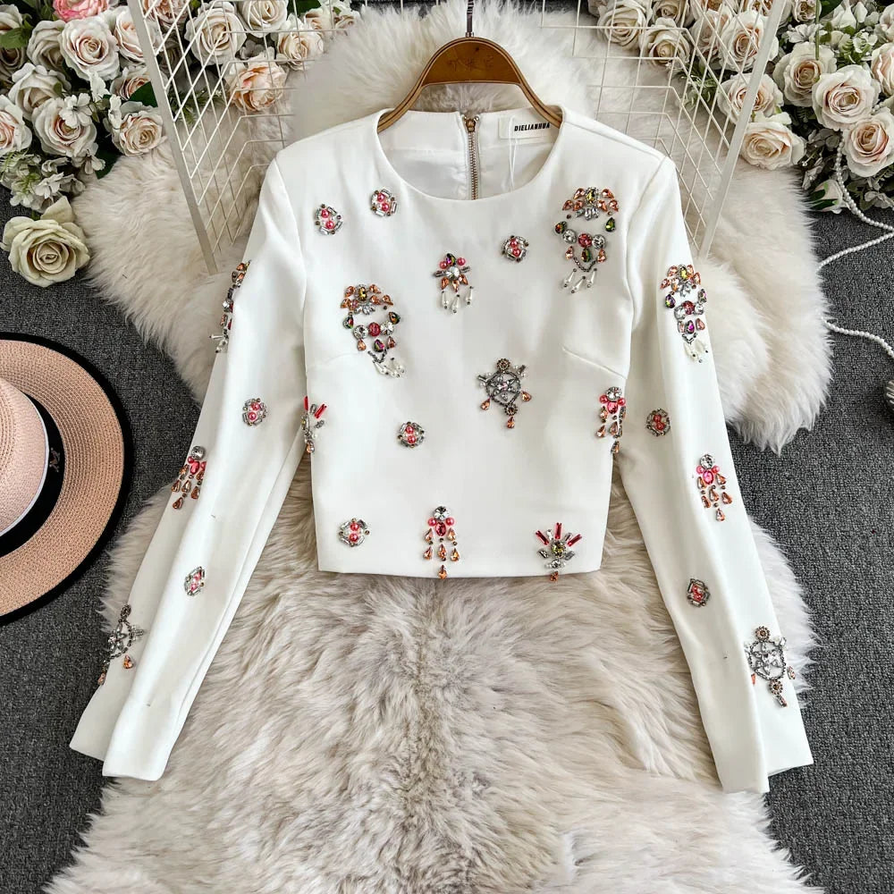 TWOTWINSTYLE Luxury Style Two Piece Set For Women O Neck Long Sleeve Topa High Waist Skinny A Line Skirt Set Female KSE524945