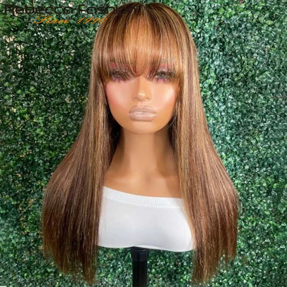 Rebecca Highlight P4/30/27 Human Hair Wigs Straight With Bangs Fringe Brazilian Straight Human Hair Wigs Full Machine Made Wigs
