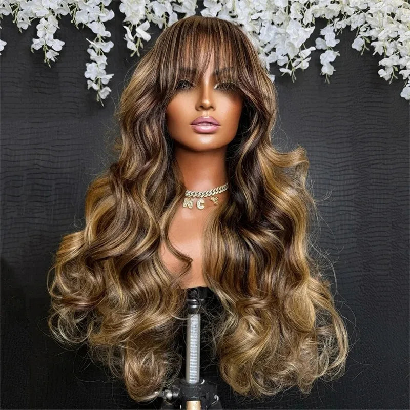 Honey Caramel Ombre Wig Layered Straight Lace Front Wig With Bangs Honey Blonde 13x4 HD Lace Wig Clearance Synthetic For Women