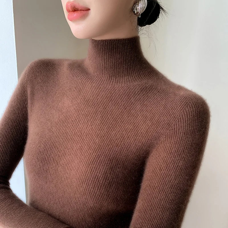 Damen Rollkragen-Basics Kaschmirpullover Herbst Winter Pullover 100% Merinowolle Strickwaren Damen Weicher schmaler Strick Neuer Top