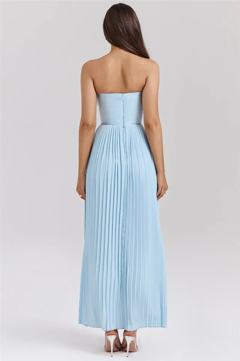 Mozision schulterfreies, rückenfreies, plissiertes Maxikleid für Damen, modisch, trägerlos, ärmellos, hohe Taille, eng anliegend, sexy, langes Kleid