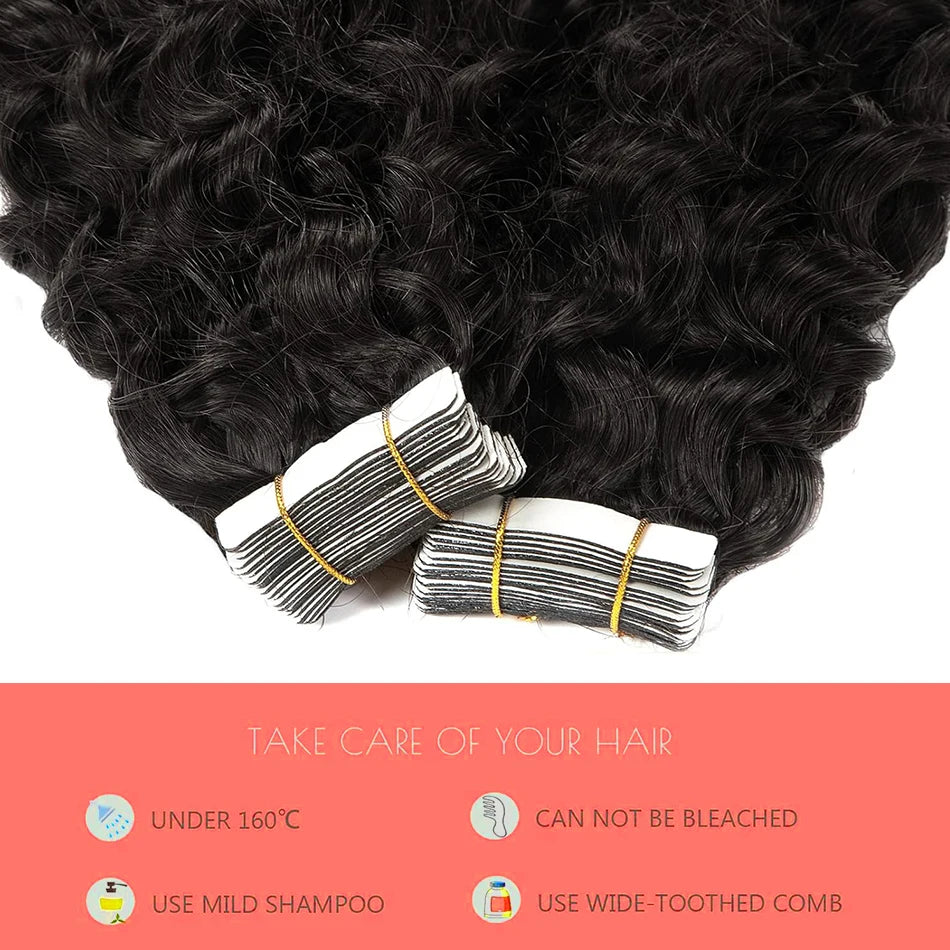 Tape In Hair Extensions Water Wave Real Human Hair 2# Dark Brown Natural Cural Tape On Hair Ectensions Skin Weft Hairpiece 2G/Pc