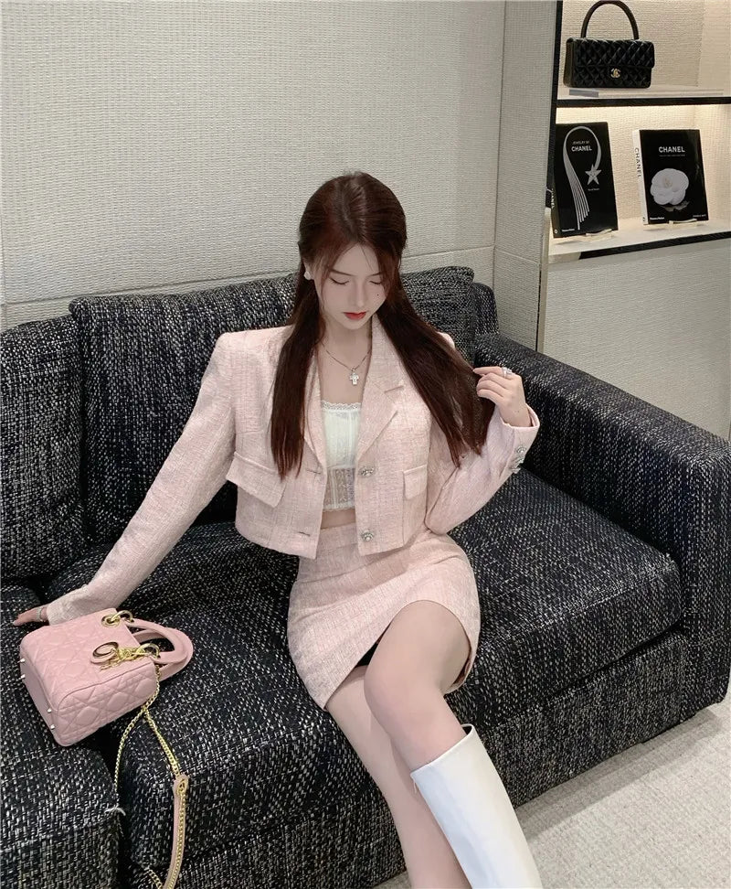 Elegant Fashion Pink Tweed Suit Women's Autumn 2023 Y2k High Quality Blazer Coat+Bag Hip Skirt Commuting Two-Piece Set