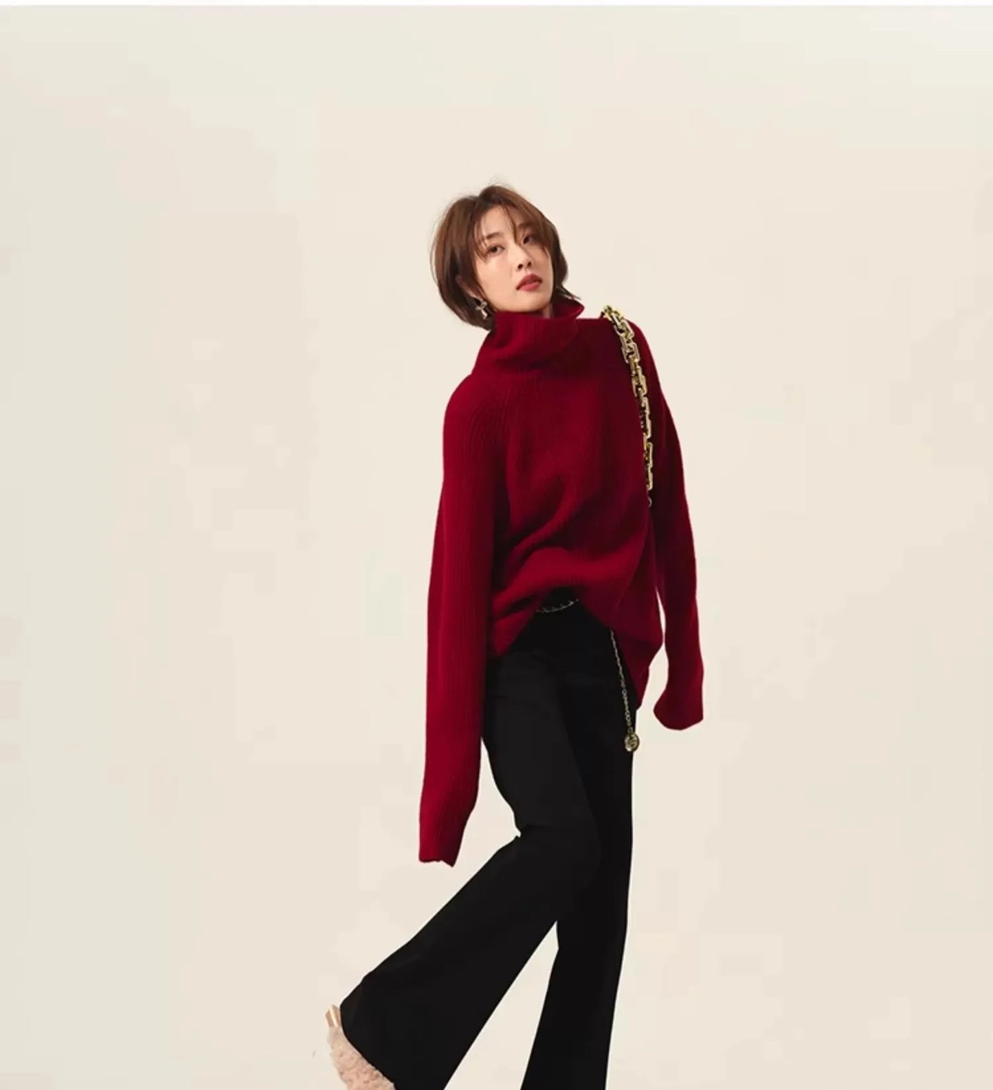 Rollkragenpullover 100% Kaschmir Pullover Damen lose verdickend Anti-Aging Nische Vintage Roter Rundhals-Pullover Damen Langarm