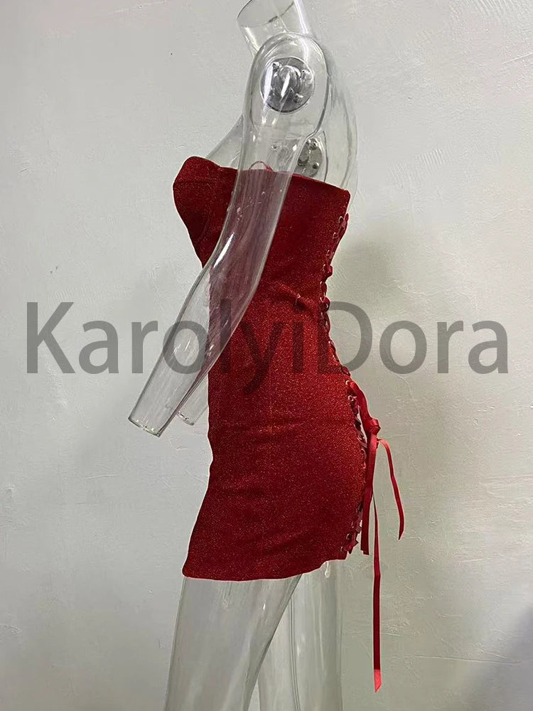 Sexy Strapless Bright Silk Lace-up Mini Dress Women Red Black Sleeveless Backelss Bodycon Dresses Evening Party Cocktail Gowns