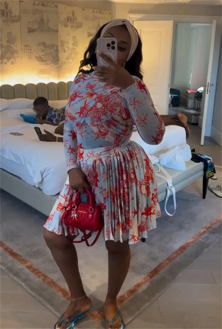 Women Two Piece Sets Shorts Skirt Set Full Sleeve Print Top Short Skirts A Line Pleated High Waist Y2k Streetwear Elegant Autumn