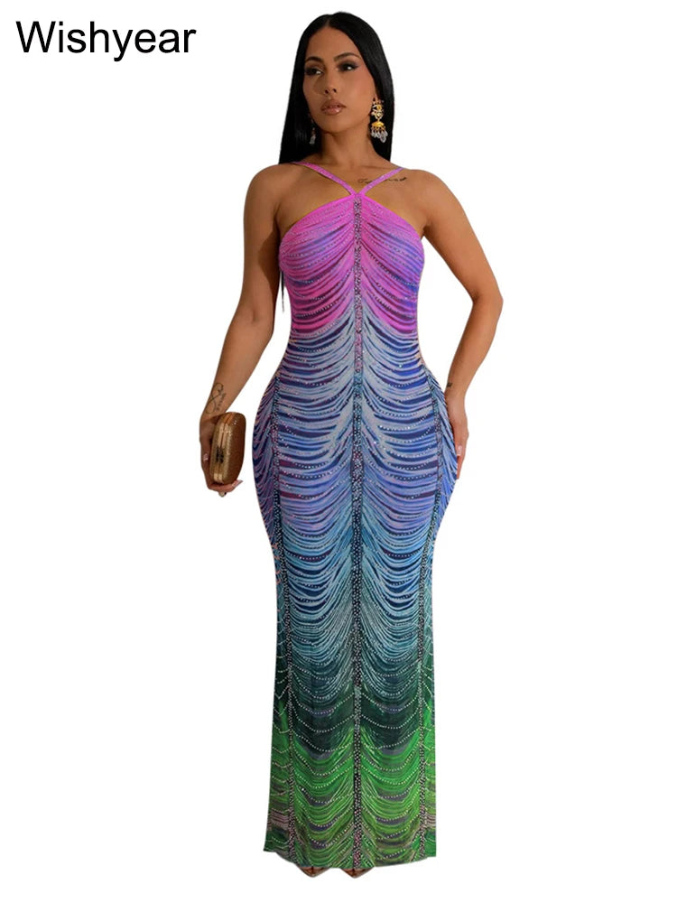 Neue Gradient Strass Tie-Dye Print Neckholder Meerjungfrau Lange Kleider Damen Rückenfrei Ärmellos Schmal Geburtstagsparty Abschlussball Vestidos