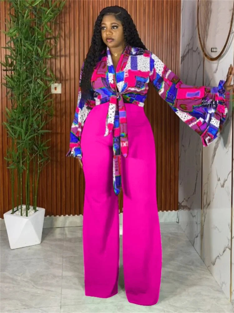 Wmstar Plus Size Two Piece Sets Wholesale Long Sleeve Print Top and Wide Leg Pants Matching Suit Fall Clothing Dropshopping