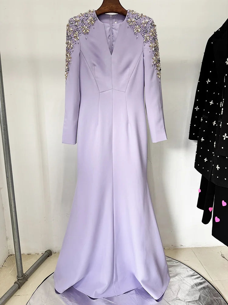 HIGH STREET Newest Fashion 2025 Designer Party Vestido Women's Diamonds Beaded Split Long Maxi Dress