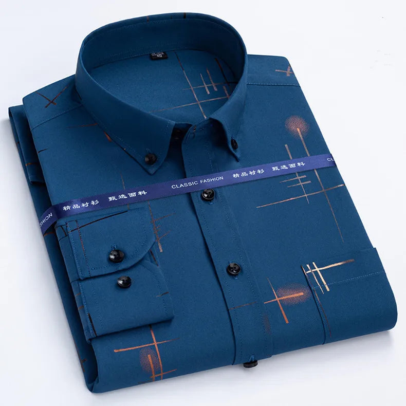 Men's Print Shirt Autumn Spring Long Sleeve Thin Non Iron Fashion Business Causal Social Anti-wrinkle Plaid Slim Fit Chemise Hom