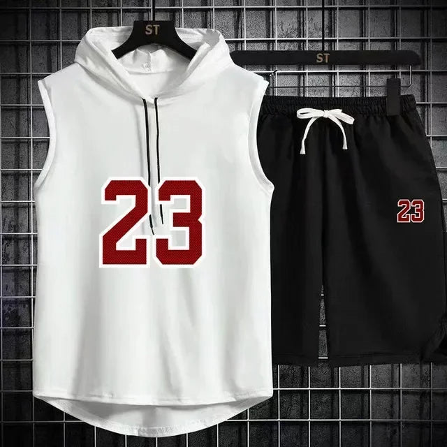 Summer New Men's Sleeveless Hooded T-shirt+shorts pants Sports two-piece set gym  Fashion  Casual Men Women Sports Two Piece Set