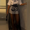 Summer Women's O Neck Print Long T-shirt + Mesh Skirt Fashion Casual Two-piece Set Elegant Women Clothes 2 Pieces Set For Woman