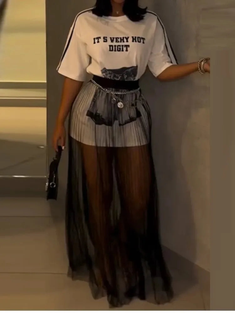 Summer Women's O Neck Print Long T-shirt + Mesh Skirt Fashion Casual Two-piece Set Elegant Women Clothes 2 Pieces Set For Woman