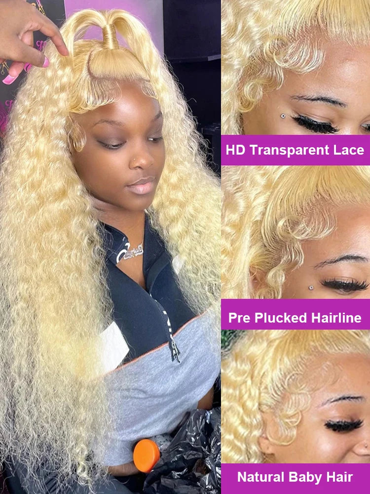 613 Transparente HD-Spitzenfront Echthaarperücke lockig 13x6 Honigblond Deep Wave Full Lace Frontal Perücke Brasilianisch 40 Zoll 250 Dichte