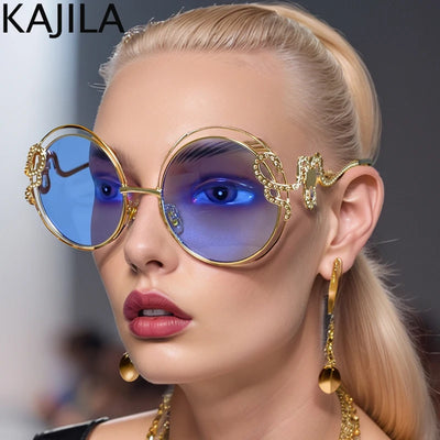 Übergroße runde Sonnenbrille Damen 2024 Luxusmarke Trendige Metall-Hohlrahmen-Schutzbrille für Damen Vintage Große Rahmen-Sonnenbrille
