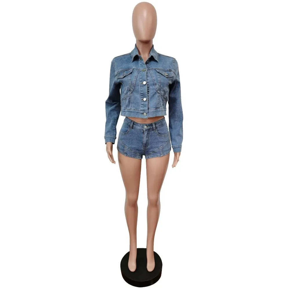 Autumn Outfits for Women 2024 Denim Jacket Shorts Two Piece Sets Streetwear Diamonds Distressed Short Pants Buttons Coat Suit