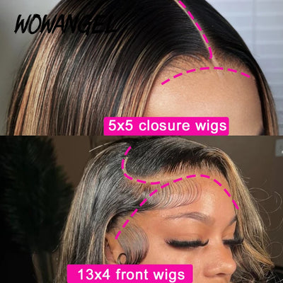 Wow Angel Kurze glatte Bob Perücken 13x4 Lace Front Echthaar Perücken 1B30# Highlight vorgezupft 5x5 HD Lace Closure Perücken für Damen
