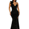New Sexy Slit Leg Padded Long Cocktail Prom Dress Women‘s Luxury Sequin Strap Evening Party Wedding Gown Birthday Night Vestidos