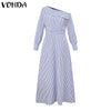 VONDA 2024 Women Elegant Striped Maxi Dress Bohemian Sundress Casual Loose Off Shoulder Long Sleeve Party Vestidos Robe Femme