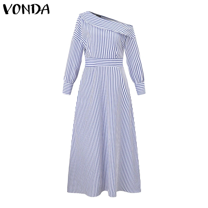 VONDA 2024 Women Elegant Striped Maxi Dress Bohemian Sundress Casual Loose Off Shoulder Long Sleeve Party Vestidos Robe Femme