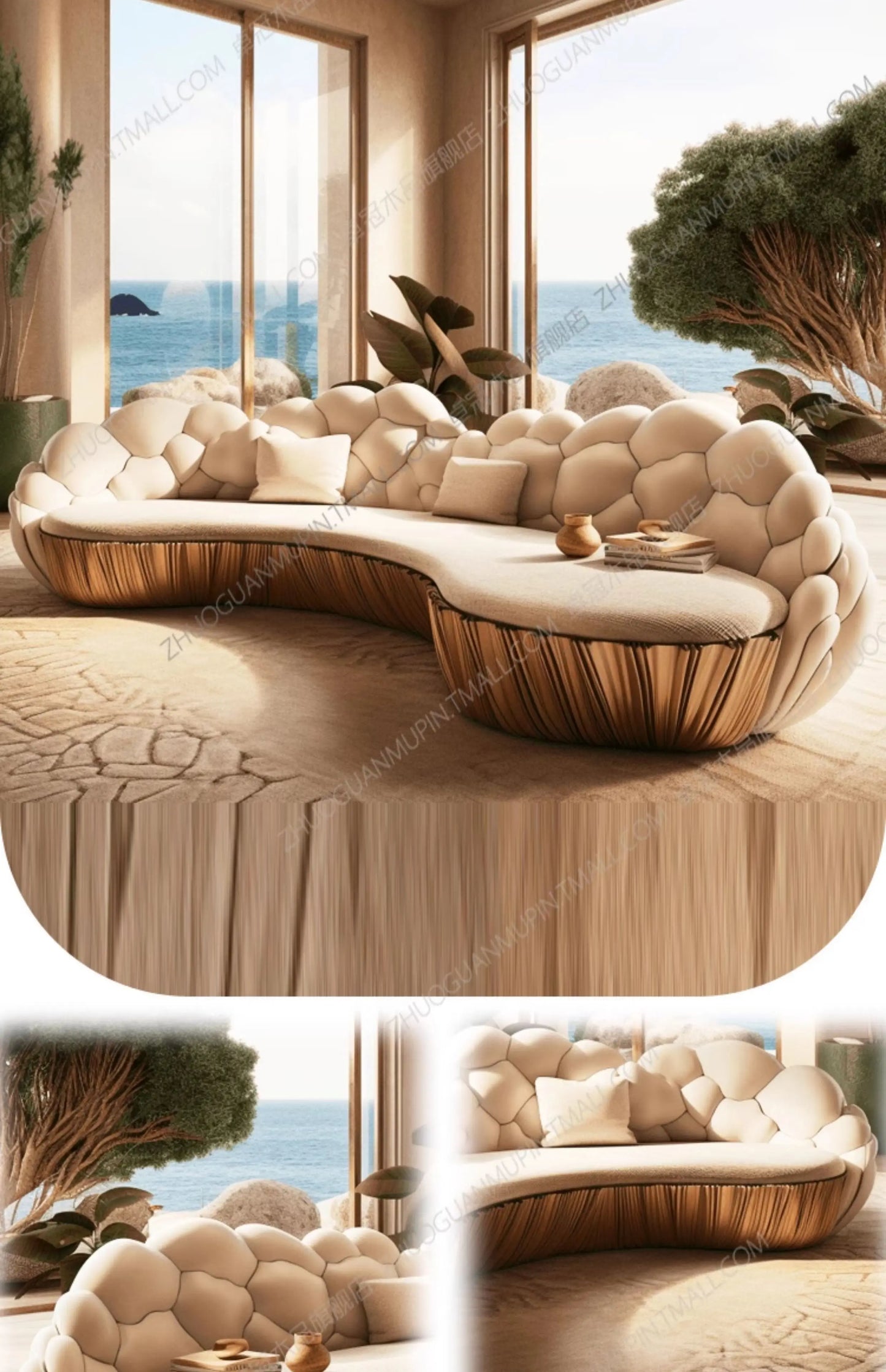 Französisches, leicht luxuriöses, halbkreisförmiges, geschwungenes Villa Wohnzimmer, kreatives Sofa, cremefarben, speziell geformt, Massivholz