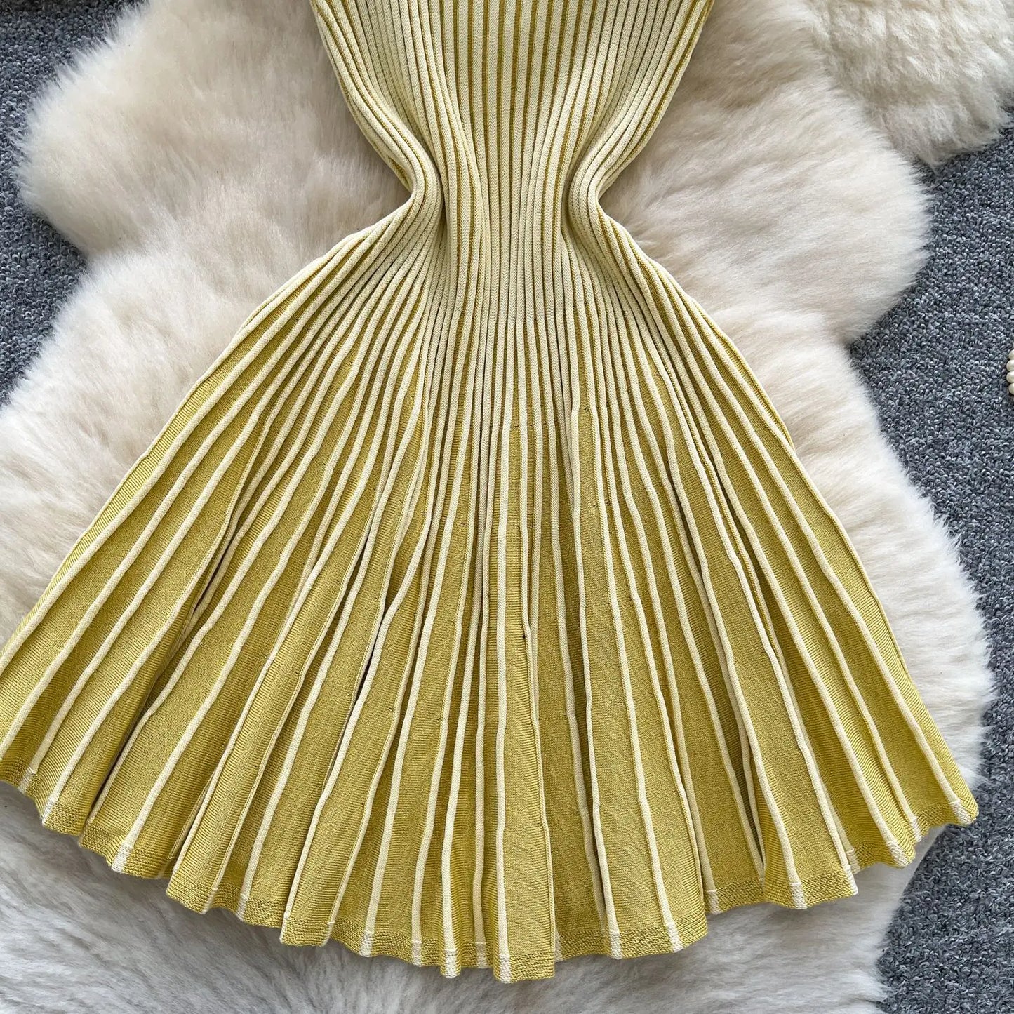 Joskaa 2026 Autumn Retro Striped Knit Dress Women Elegant Pleated Waist Slim Low Cut Sleeveless A-line Slip Dress Streetwear