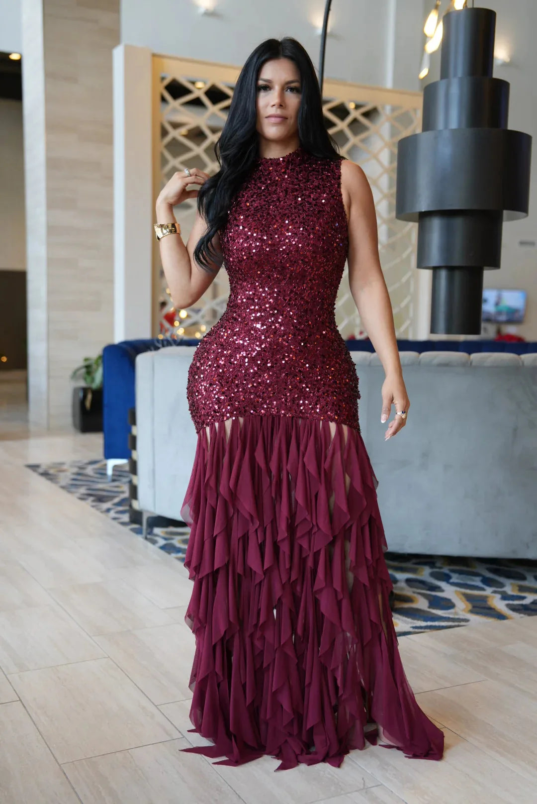 HLJ Sexy Sequin Patchwork Bodycon Dresses for Woman Mesh Shining Sleeveless Ruffle Dress Female Party Clubwear Vestidos 2025 New