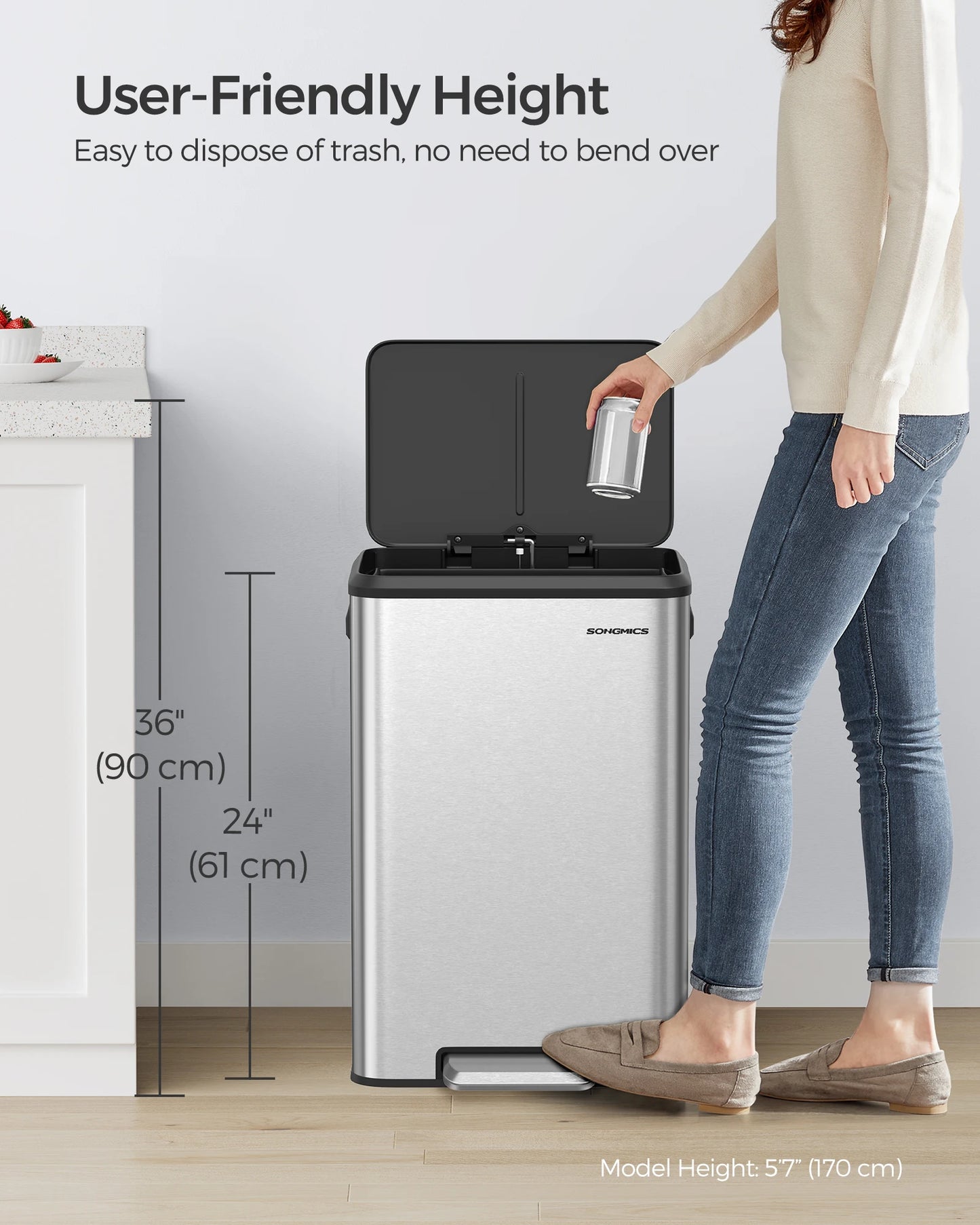 SONGMICS Kitchen Trash Can, 10.5-Gallon (40L) Garbage Can with Lid and Wide Foot Pedal, Soft Close and Stays Open