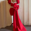 Mini Cocktail Dress with Detachable Bow Puff Sleeves Pearls Sweetheart Sheath Red Luxury Party Gowns for Women