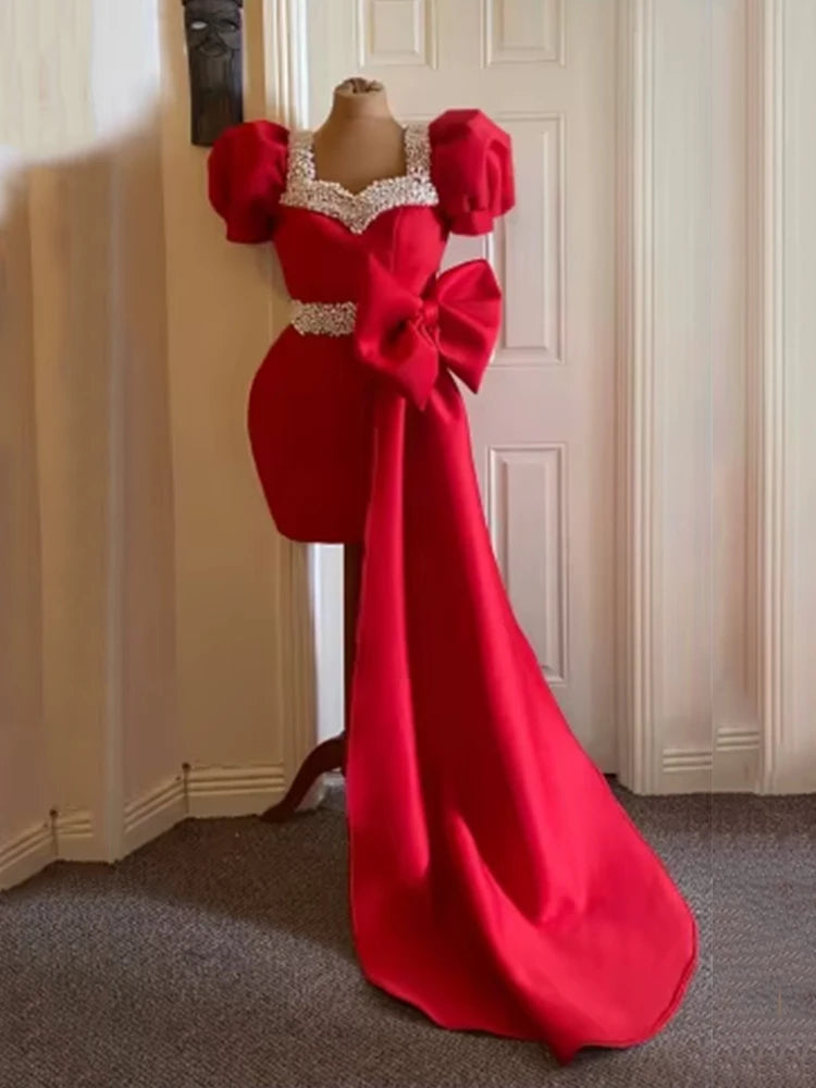 Mini Cocktail Dress with Detachable Bow Puff Sleeves Pearls Sweetheart Sheath Red Luxury Party Gowns for Women