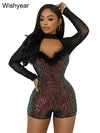 Wishyear Sexy Feather Mesh Patchwork Sequins Night Club Jumpsuits Shorts for Women Glitter Birthday Overalls Christmas Playsuits