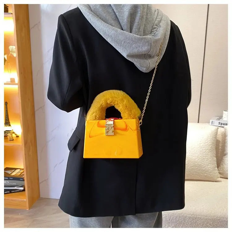 Faux Fur Top Handle Acrylic Party Box Clutch Fashion Purses and Handbags for Women Designer Evening Bag Chain Shoulder Bag