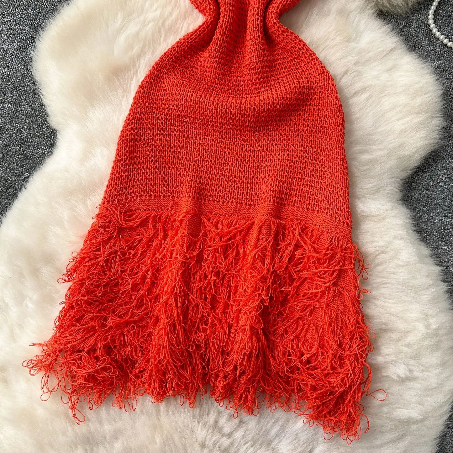 Joskaa 2025 Summer Women Elegant Round Neck Sleeveless Tassels Hem Bodycon Mini Knitted Dress Holiday Beach Party Clubwear