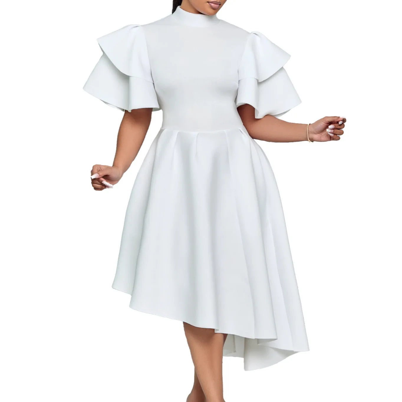 Elegant Party Dresses for Woman 2024 New O Neck Ruffles Sleeve High Waisted Asymmetric Mid Calf Luxury Birthday Dinner Vestidos