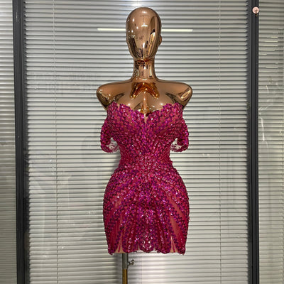 Show Dress Costumes Women Rose Sequins Rhinestones Breast Cups Mesh Bodycon Mini Evening Club Party Birthday Dress Shoot
