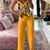 Spring Summer Sleeveless Suit Fashion Print Two Piece Sets Women Sexy V-neck Button Metal Sling Top & Wide Leg Pants Outfits