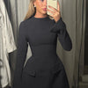 Dulzura Langarm Reißverschluss Bodycon Minikleid mit Taschen Einfarbig Elegantes Outfit Büro Streetwear Damen Herbst Winter Kleidung