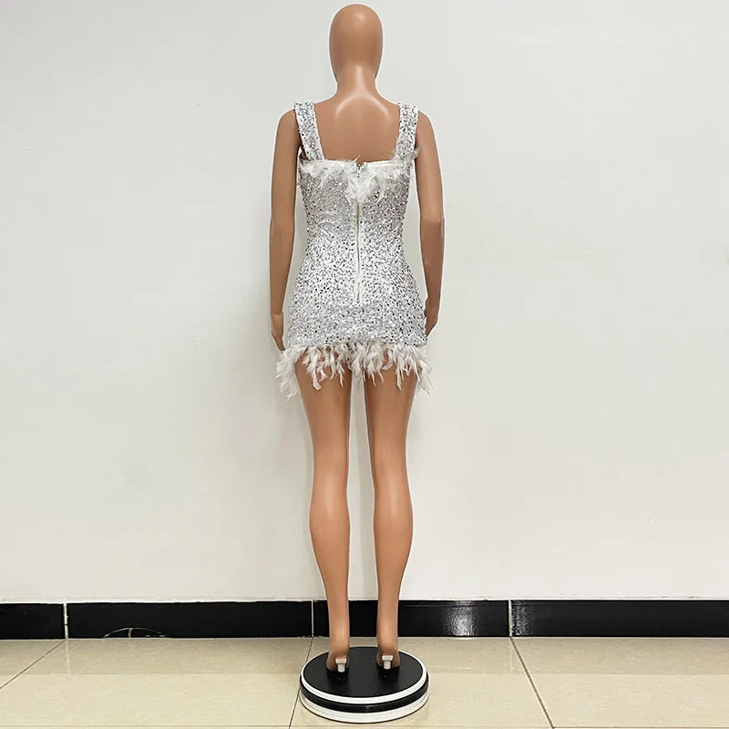 Damen Partykleid Ärmellos Glänzende Pailletten Feder Abendkleid Sexy schulterfrei rückenfrei Mini Formelle Ballkleider HXY8