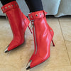 Gürtelschnalle Reißverschluss vorne Modenschau Stiefeletten Damen Herbst Winter Neu Spitz Metallverzierung Rote High Heels Ankle Boots