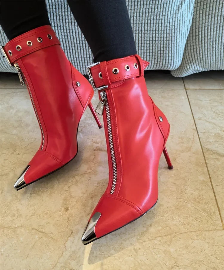 Gürtelschnalle Reißverschluss vorne Modenschau Stiefeletten Damen Herbst Winter Neu Spitz Metallverzierung Rote High Heels Ankle Boots