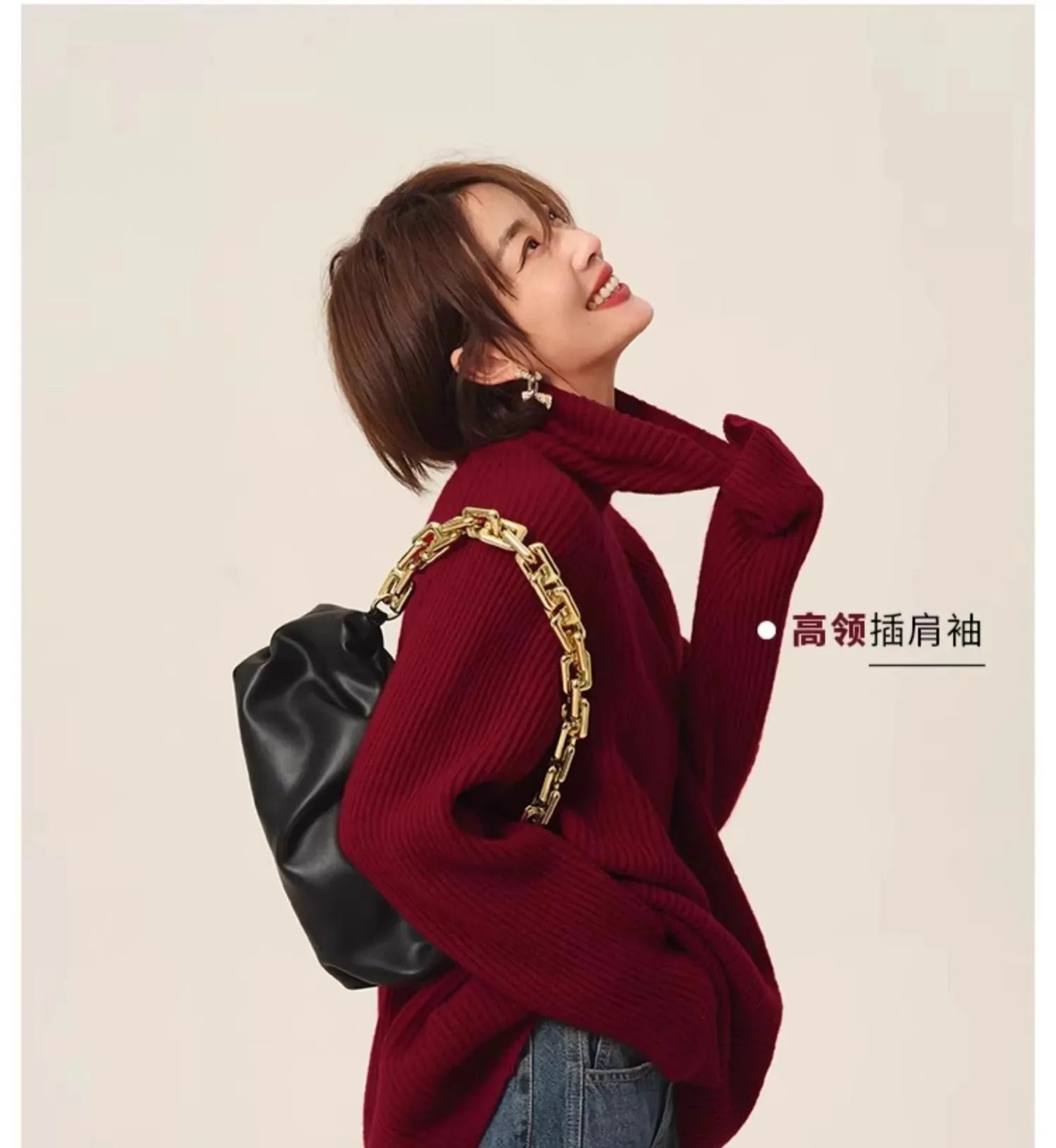 Rollkragenpullover 100% Kaschmir Pullover Damen lose verdickend Anti-Aging Nische Vintage Roter Rundhals-Pullover Damen Langarm