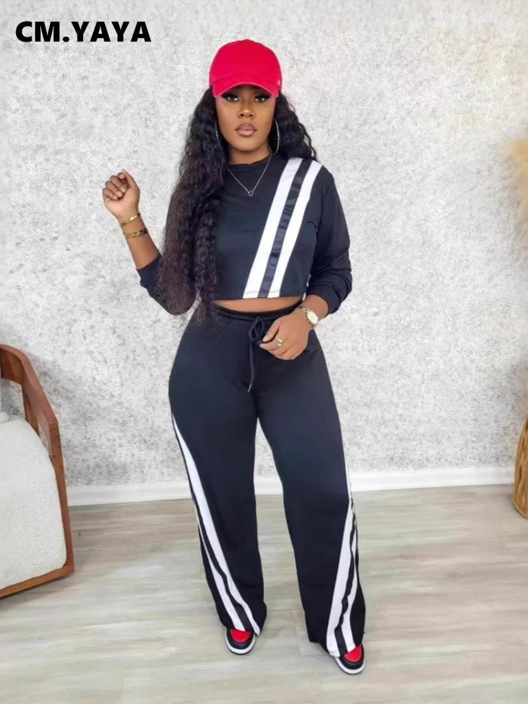 CM.YAYA Fashion Striped Splicing Women's Set Long Sleeve Sweatshirt and Sweat Pants Tracksuit 2024 Winter Two 2 Piece Set Outfit