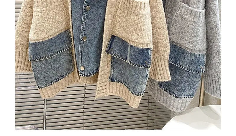2023 New Autumn Winter Women Splicing Denim Jacket Women Long Sleeve Jean Jackets Female Loose Sweater Cardigan Jacket