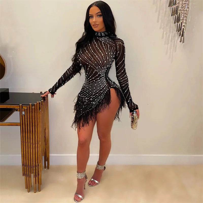 Sexy Perlen Strass Partykleider Damen Eleganz Nachtclub Feder Geburtstagskleid Langarm Mesh Sheer Bodycon Minikleid