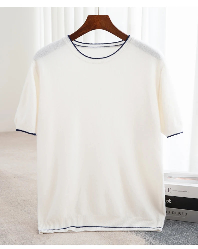 Men's T-shirt 2024 Summer New Knitted Tank Top Fashion Color Block Round Neck Pullover Sweater 100% Pure Wool Short sleeved