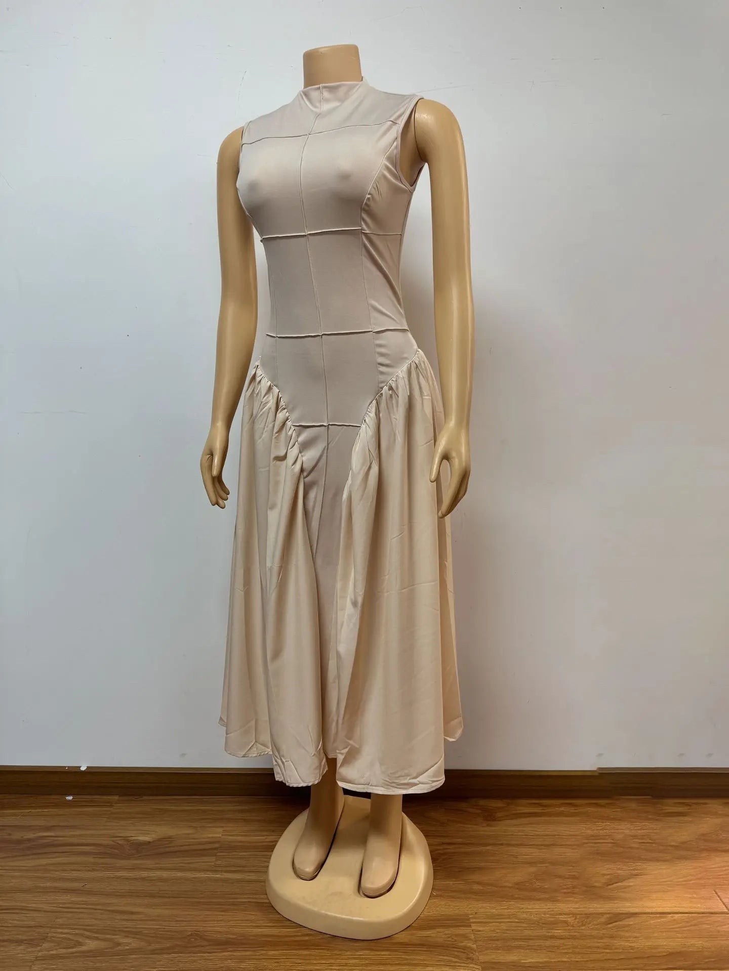 Long Dresses Women Party Dress Pleated Patchwork Sleeveless Stand Collar Maxi Gown Tight Waist Vestidos 2025 Summer A Line