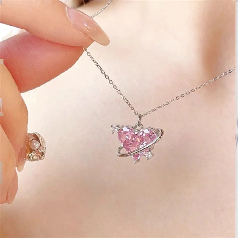 Y2K Rosa Planet Herz Zirkon Anhänger Halsketten Frauen Mode Ästhetische Schlüsselbeinkette Halskette Valentinstag Geschenk Party Schmuck