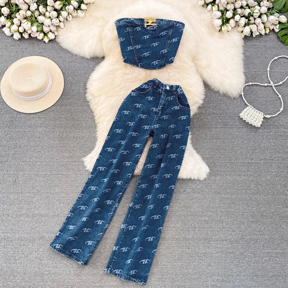 Zweiteiliges Set Damen Ärmellose Bandeau-Tops Sexy Crop-Shirt Knopf-Hosen-Sets Gerade Hosen Taschen Lässige passende Sets